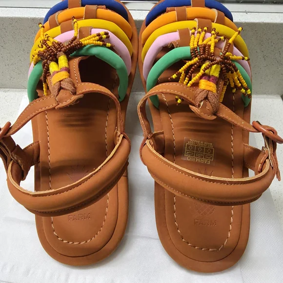 Farm Rio Caramel Beaded Rainbow Tube Strap Sandals Sz. 8 - Picture 6 of 8